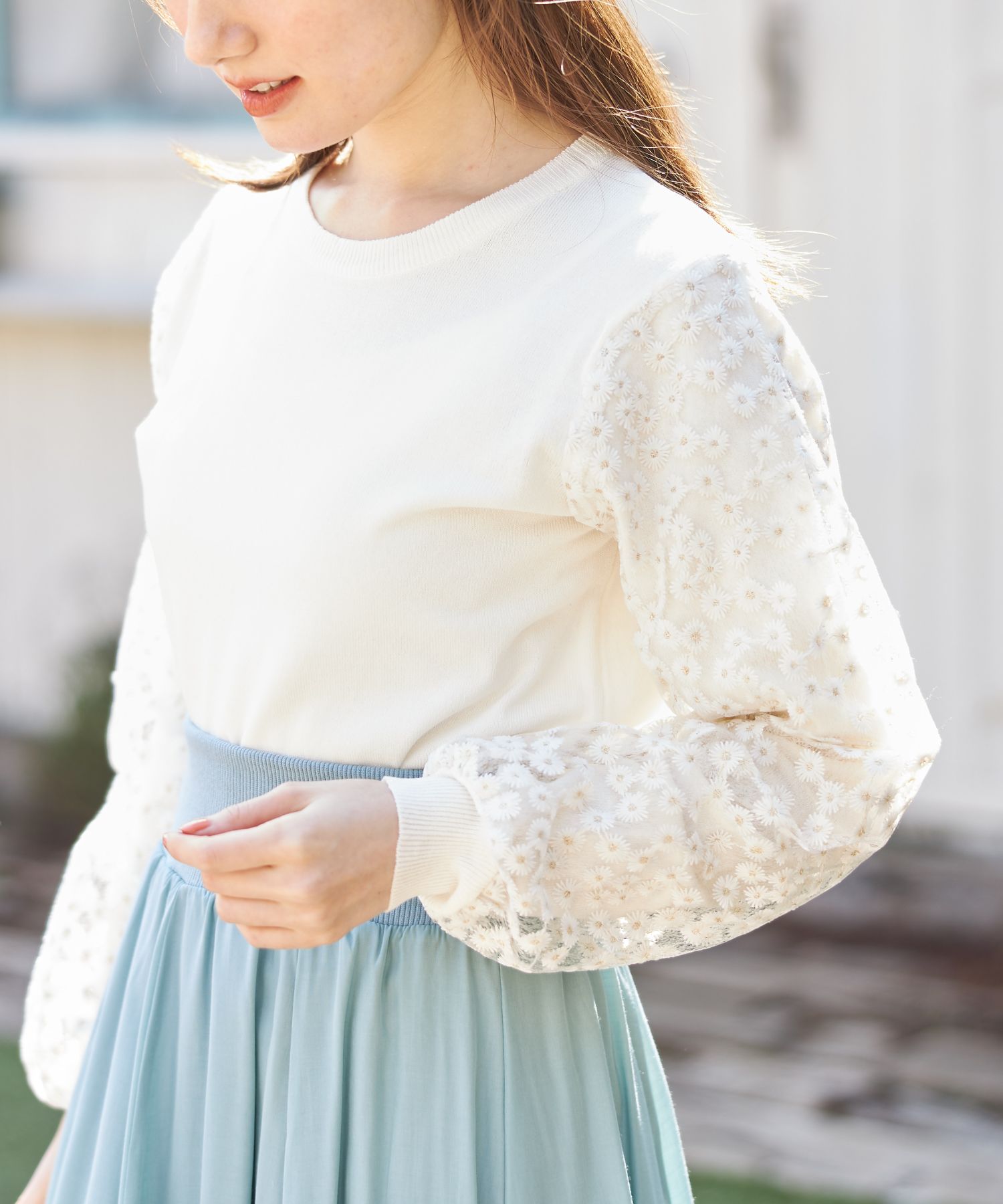 【新品】トッコ クローゼット フラワーレーススリーブ切替ニットワンピース 黒