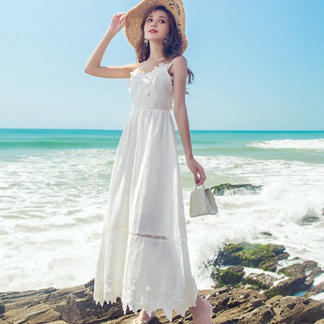 ワンピース クロスデザイン キャミワンピ レース 花柄 背中見せ 肌見せ Aラインリゾートホワイト 無地 ロング Vネック キャミソール ワンピース S/M/L/XL | favoriteselect powered by BASE キャミソールワンピースS