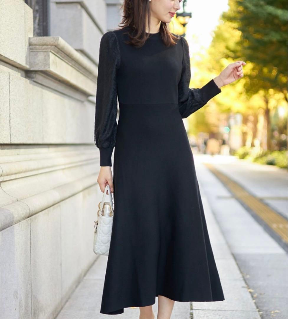 【新品】トッコ クローゼット フラワーレーススリーブ切替ニットワンピース 黒