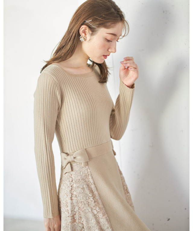 【新品】トッコ クローゼット フラワーレーススリーブ切替ニットワンピース 黒