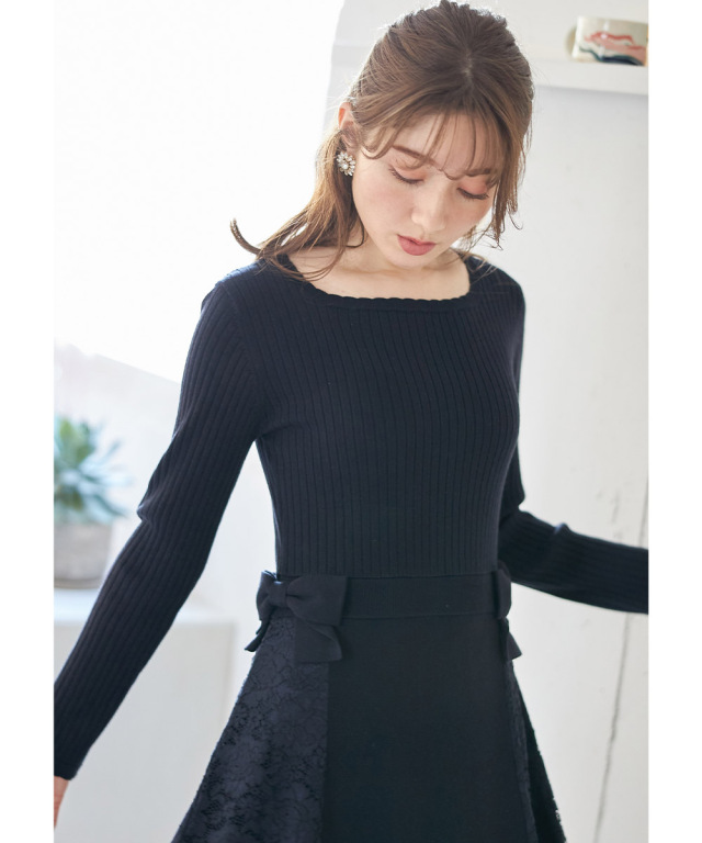 【新品】トッコ クローゼット フラワーレーススリーブ切替ニットワンピース 黒