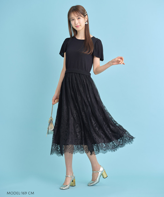 【新品】トッコ クローゼット フラワーレーススリーブ切替ニットワンピース 黒