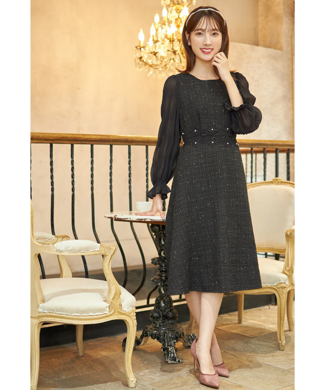 【新品】トッコ クローゼット フラワーレーススリーブ切替ニットワンピース 黒